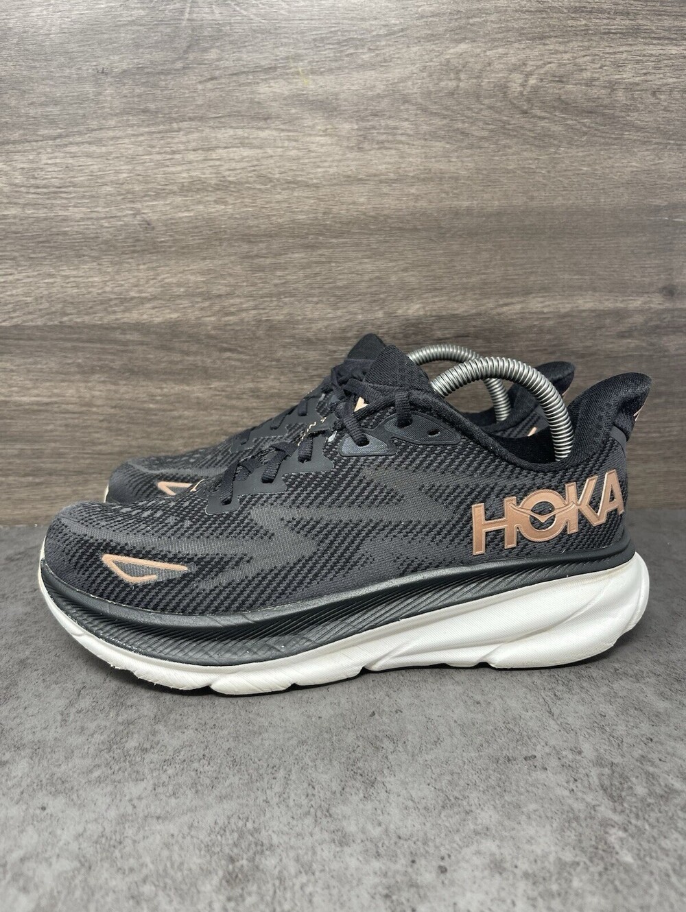 HOKA Clifton 9 Size 8 Womens Black Rose Gold Cushioned Road Running Shoes